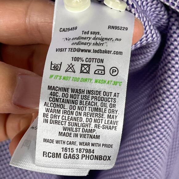 Ted Baker Endurance Shirt Mens 17 34/35 Purple Print Button Up Purple Flip Cuff - Picture 6 of 11